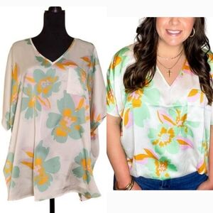 JODIFL NWT White Satin Floral Blouse, Size Medium